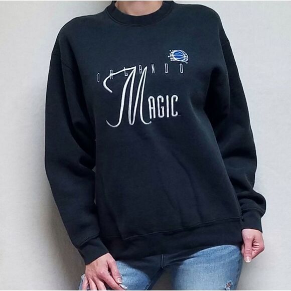 VINTAGE 1980s Front Row Orlando Magic Black Printed USA Made Warm Sweatshirt Med - Picture 3 of 14